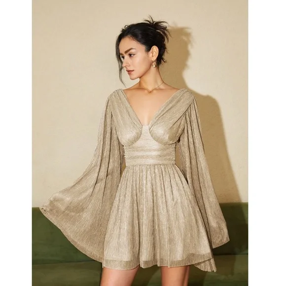 Champagne Beige Mini Dress Flared Bell Long Sleeve Fitted Waist - Picture 5 of 12